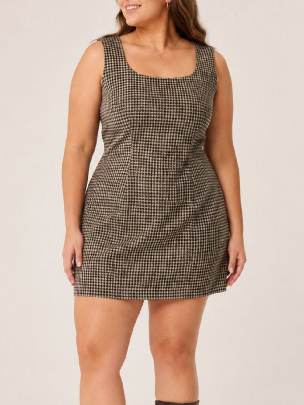 Elegant Vintage Fitted Checkered Mini Dress Sleeveless Large